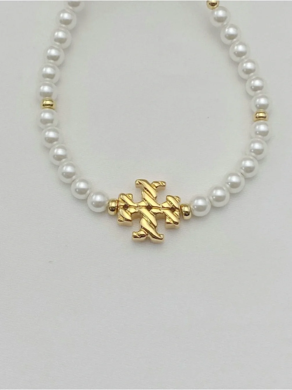 Tory Burch Gold and White Pearl Logo Adjustable Bracelet
